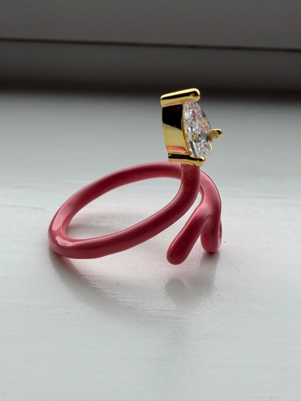 Adjustable Pink Open Snake Enamel Ring with Teardrop Crystal / Faux Gem